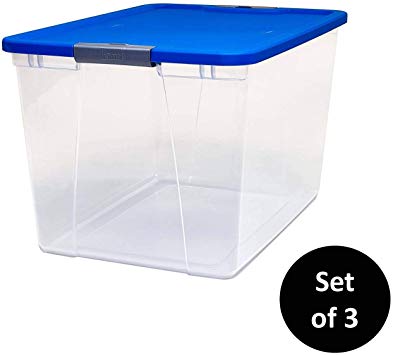 Homz Plastic Storage, With Latching Blue Lids, 64 Quart, Clear, Stackable, 3-Pack