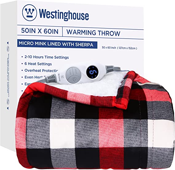 Westinghouse Electric Blanket Heated Throw Blanket, Plaid Sherpa Heating Blanket, 6 Heating Levels & 2 to 10 Hours Heating Time Settings, Red Plaid, 50"x60"