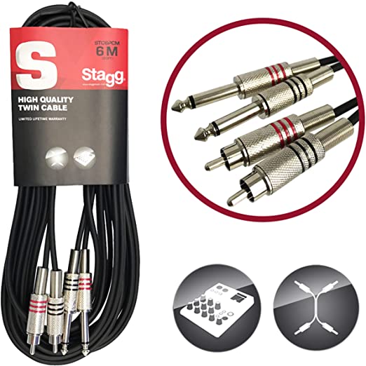 Stagg 6m 2 x Phono / RCA - 2 x 1/4" Jack Twin Cable Lead STC6PCM