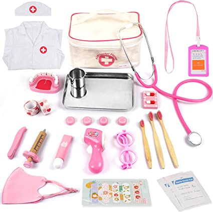 EFOSHM Play Doctor Kit for Kids, 32 Pieces Toy Medical Kit with Stethoscope, Coat, Doctor Pretend Play Toy Set with Medical Storage Bag for Girls Toddler Ages 3