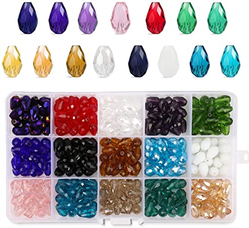 PHOGARY 300pcs Glass Beads, Mixed Colors Crystal Teardrop Beads Assorted Kit Multi-Colors Lustered Loose Spacer Beads, 812mm Waterdrop Shape for Jewelry Making, DIY Crafting (15 Colors)