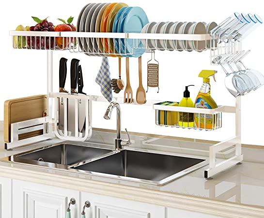 Full Size Dish Rack, Adjustable Sink Rack Dish Drainer (for 33”- 41”), Sturdy Stainless Steel Space Save Rack, Over The Sink Shelf Storage Rack, White