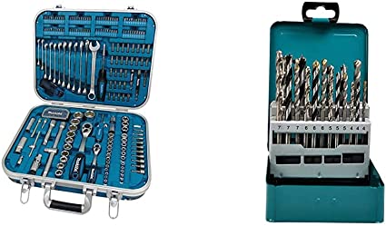 Makita 90352 P-90532 Home Repair Kit, Blue/Black/Silver, Large, Set of 227 Pieces & D-47173 18Pc Mixed Drill Set Metal Box, Blue/Black/Silver