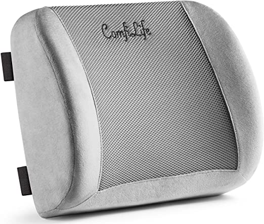 ComfiLife Memory Foam Orthopedic Back Support Lumbar Pillow with 3D Ventilative Mesh for Lower Back Pain and Posture Support. Great for Office Chair and Car Seat with Adjustable Strap, Gray