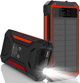 Solar Charger 30000mAh, Qi Wireless Solar Power Bank with 10W Wireless Output, High-Efficiency Solar Panel, LCD Display, Flashlight, 3 Outputs, USB C PD 18W External Battery Pack for Camping Outdoor