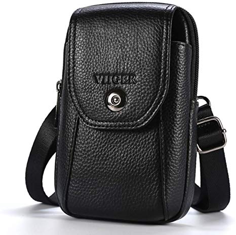 VIIGER Vertical Leather Small Travel Purse Belt Bag for Men Crossbody Purse Mens Belt Pouch Cell Phone Holster with Belt Loop Man Purse Cell Phone Belt Pouch Waist Bag Messenger Shoulder Bag, Black