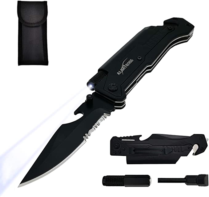 ALBATROSS Best 6-in-1 Survival Tactical Military Folding Pocket Knife with LED Light, Seatbelt Cutter, Glass Breaker, Magnesium Fire Starter, Bottle Opener; Multi-Function Emergency Tool