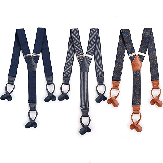 BMC Heavy Duty Adjustable Elastic Adult Clip Suspenders for Mens Pants, Trousers, Work, Male Under Shirts, Dress Shirts, Tuxedos, Utility Belt Loops & More! 3pc Set - Various Designs