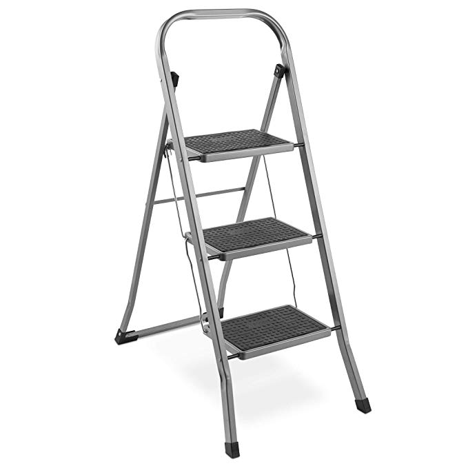 VonHaus 3 Step Steel Ladder – Anti Slip Feet – Easy to Store Foldable Design – Ideal for Home/Kitchen/Garage 150KG Max Capacity