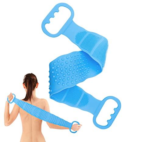 Back Scrubber, Silicone Back Scrubber for Shower Exfoliating Long Brush Bath Body Scrub Cleaning Washer Strap for Men and Women, Easy to Clean and Improves Blood Circulation and Skin Health (Blue)