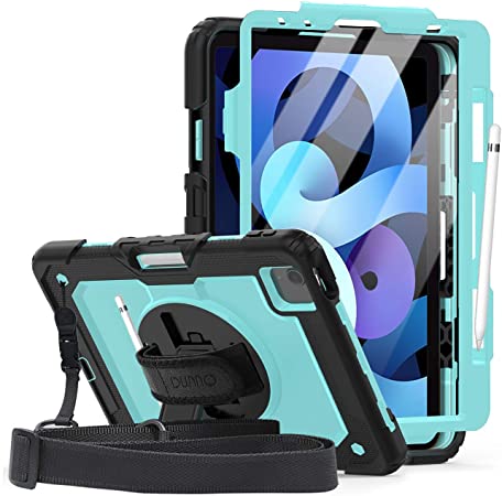 DUNNO Case for New iPad Air 4 Generation (10.9inch,2020),Three Layer Hybrid Shockproof Protective Case with [Built-in Screen Protector]，[Shoulder, Hand Strap] Pencil Holder, Rotating Stand (Sky Blue)