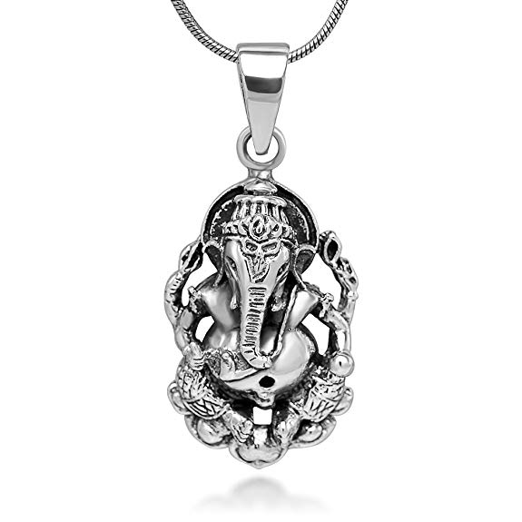 Chuvora Sterling Silver Hindu Lord Ganesh Ganesha Elephant Hindu God of Fortune 2D Pendant Necklace 18''