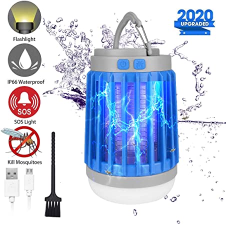 2020 Bug Zapper Outdoor Camping Lantern LED Flashlight, 3-in-1 Portable IPX7 Waterproof Mosquito Killer Camp Lamp LED Tent Light with 2200mAh USB Rechargeable Battery, SOS Emergency, Retractable Hook