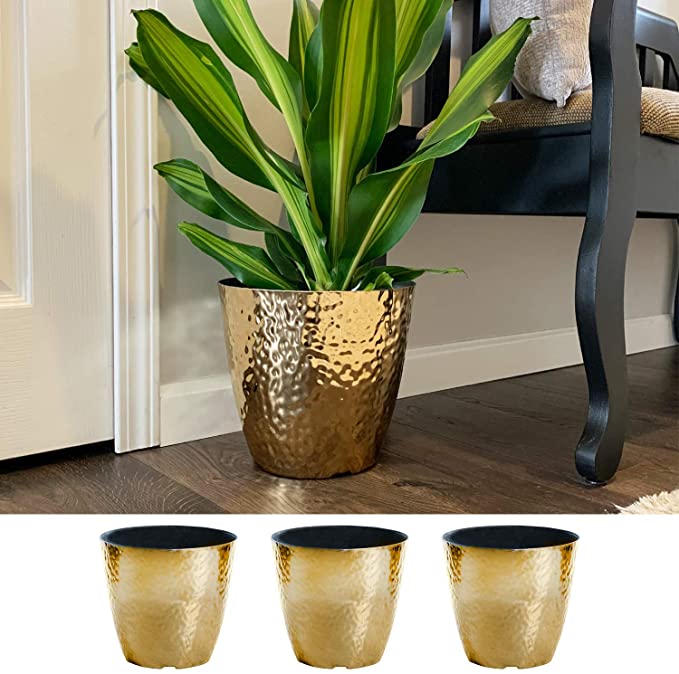 3-Pack 12-in. Round Metallic Hammered Plastic Flower Pot Garden Potted Planter for Indoors or Outdoors, Gold
