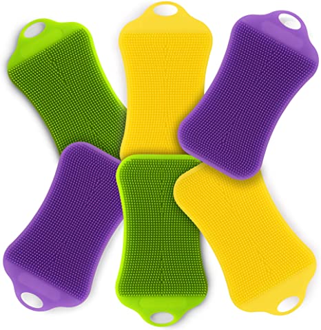 Silicone Sponge Dish Scrubber Set - 6 Pack Reusable Dishwashing Double-Sided Multipurpose Non Stick Silicone Dish Sponges 2 Yellow 2 Purple 2 Green for Cleaning Dishes Kitchen Brush Scrub Accessories