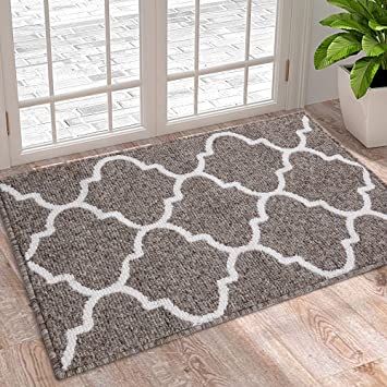 OLANLY Indoor Door Mat, 20x32, Non-Slip Absorbent Resist Dirt Entrance Rug, Machine Washable Low-Profile Inside Floor Mat Door Rugs for Entryway, Khaki Trellis