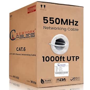 CAT6 Plenum Cable 1000ft (CMP) | Plenum Rated Wire Tested with DSX-8000 Cable Tester, 23AWG Solid Conductor 550MHz, 4Pair 1.0GB UTP Internet Cable, Available in Multi Colors (White)