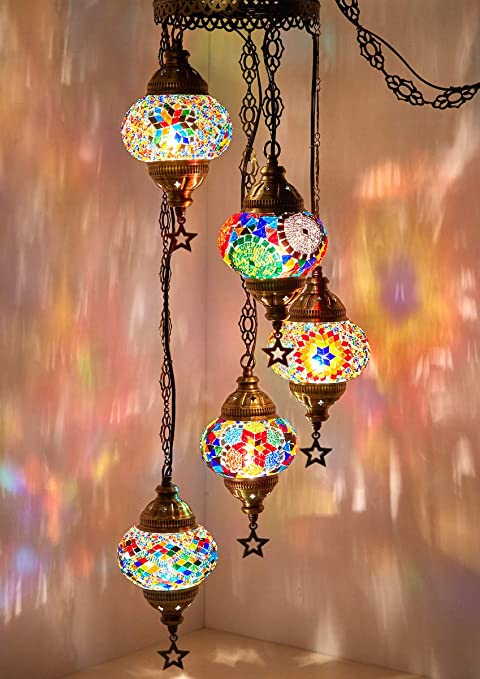 CopperBull (Choose from 12 Designs) Turkish Moroccan Mosaic Glass Chandelier Lights Hanging Ceiling Lamps (5 Globes 4.7" (d))