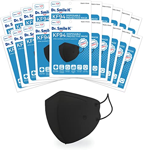 Dr. Smile K - 20 Pack KF94 Disposable Face Masks Black - SIZE S/M - Unisex - 4- Layer Filter Made in Korea - KF94 Certified