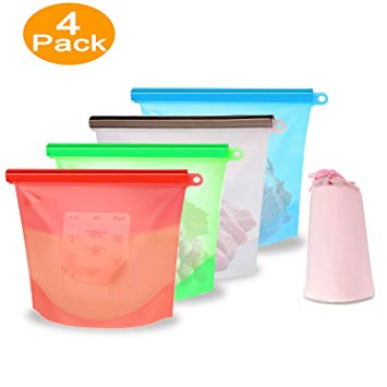 Eco-Friendly Reusable Silicone Food Storage Bags - XREXS BPA Free Airtight Seal Preservation Bags No Leak Kitchen Container Set Keep Food Fresh and Easily Store (1000ml, Pack of 4)