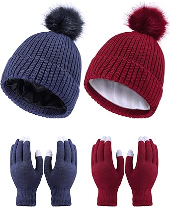 4 Pieces Womens Winter Satin Lined Knit Pom Beanie Hats Touchscreen Gloves Set