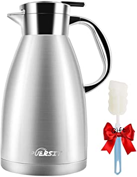 Vacuum Jug 1.8 Litre Puersit Stainless Steel Double-Wall Vacuum Insulated Coffee Pot,24 Hrs Heat&Cold Retention Coffee Jug for Coffee,Tea,Beverage