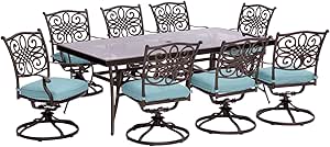 Hanover Traditions 9-Piece Outdoor Dining Set with Rust Resistant Glass-Top Rectangular Outdoor Dining Table and 8 Swivel Rocker Chairs with Blue Cushions, Modern All-Weather Outdoor Dining Set for 8