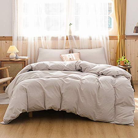 ECOCOTT 3 Pieces Duvet Cover Set King 100% Washed Cotton 1 Duvet Cover with Zipper and 2 Pillowcases, Ultra Soft and Easy Care Breathable Cozy Simple Style Bedding Set(Beige)