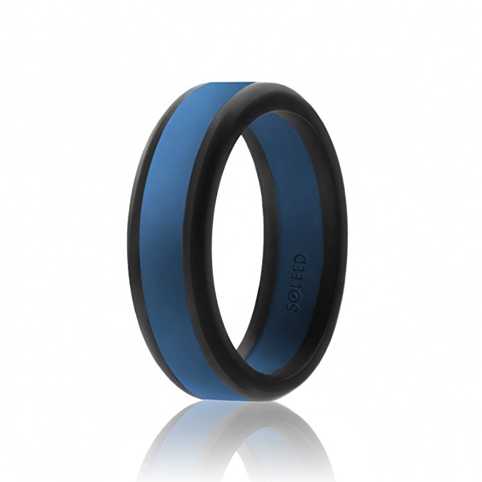 SOLEED Silicone Wedding Ring For Men (Power X Series) Safe and Sturdy Silicone Rubber Wedding Band Middle Wide Stripe with Black Beveled Edges - Metallic, Silver, Platinum, Grey, Blue, Red