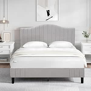 VECELO Queen Size Bed Frame Upholstered Platform Beds with Height-Adjustable Teddy Fabric Headboard, Strong Wood Slats 7.9'' Under Bed Space, Noise-Free No Box Spring Needed, Grey