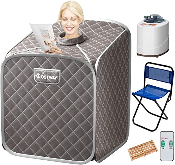 COSTWAY Portable Folding Steam Sauna Tent, Full Body Personal Home Spa for Weight Loss, 9 Adjustable Temperature Levels with Remote Control Steam Hose Foot Massage Roller Absorbent Pad (Gray)