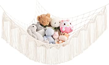 Mkono Stuffed Animal Hammock Macrame Toy Storage Organizer with Lights and Tassels Boho Hanging Stuff Animals Net Large Capability Corner Toys Display Holder for Nursery Kid Room Playroom, 1 piece