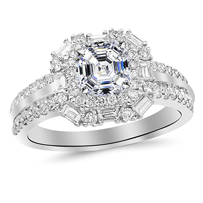 1.2 Carat Designer Twisting Eternity Channel Set Four Prong Diamond Engagement Ring with a 0.5 Carat Asscher Cut E Color SI2 Clarity Center Stone