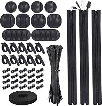 HOMPO Cable Management Cord Organizer - 144pcs Wire Organizer Kit 3 Cable Sleeve, 30 Self Adhesive Cable Clips, 10pcs and 1 Roll Velcro Cable Tie and 100 Nylon Wire Ties for Office Desk Electronics