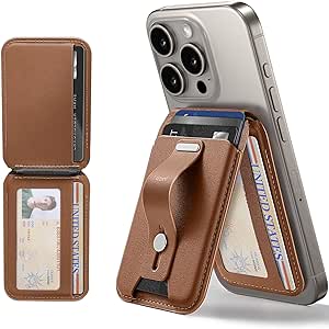 ESR for MagSafe Wallet, 5 Card Holder, iPhone Wallet with Adjustable Stand, Secure Grip Finger Loop, Magnetic Wallet for iPhone 15/14/13/12, Not for iPhone 13/12 mini, Vegan Leather, Brown