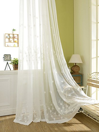 YouYee Semi-Sheer Elegant Embroidered Solid White Rod Pocket Window Curtains/Drape/Panels/Treatment 42 x 63 (Set of 2)
