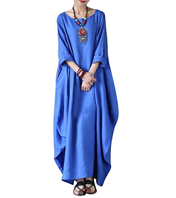 Yesno JD1 Women Long Maxi Dress Double Layer 100% Linen Casual Loose Fit Baggy Skirt Long Sleeve