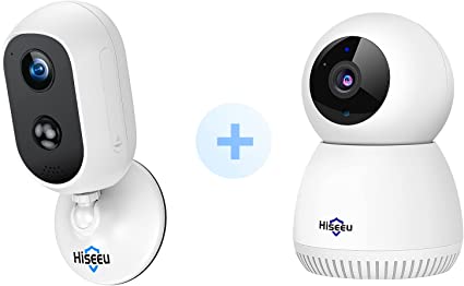 Hiseeu 2K One 6000mAh Battery Camera and One Auto Tracking Wireless Security Camera, 2 Way Audio, Motion Detection, 2.4Ghz WiFi, Work with Hiseeu Wireless Camera System