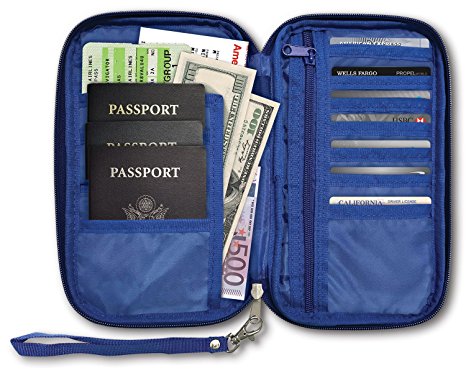 RFID Travel Passport & Document Organizer Zipper Case , Black or Blue