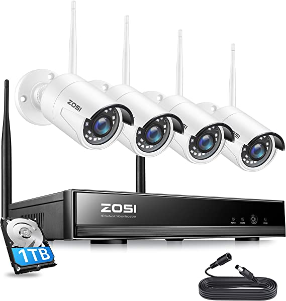 ZOSI WiFi Security 4 Cameras System with 1TB HDD, Indoor Outdoor,Night Vision,Motion Detection,Remote Access,for Home 24-7 Recording & 12ft 12V DC Power Extension Cable (Black) Bundle