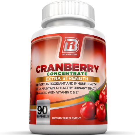 BRI Nutrition 3x Strength 12600mg CranGel Power Plus High Potency Maximum Strength Cranberry SoftGel Capsules With 12600 Grams Equivalent of Cranberries Fortified with Vitamins C and Natural E - 90 Softgels