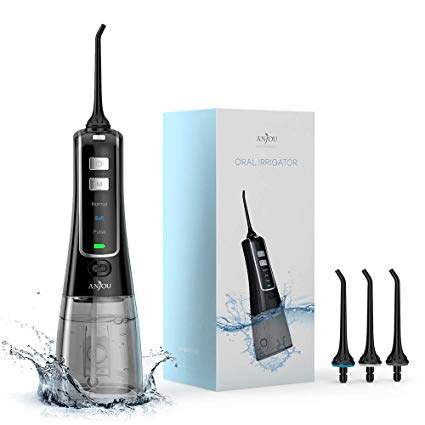 Water Flosser for Teeth, Anjou Air Flosser Cordless 4 Heads 300mL Professional Oral Irrigator Helps Teeth Whitening, 3 Modes 4 Jet Tips,Waterproof Easy-to-Clean Water Reservoir, Home and Travel Use