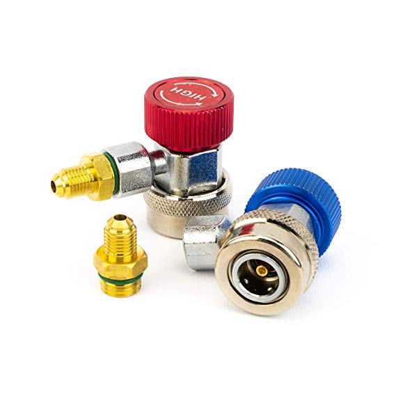 Delray Auto Parts R134A Quick Coupler Adapter Fitting 1/4 SAE - Red High & Blue Low Side Service Connect Coupler for AC Freon Refrigerant HVAC Machine & Gauge Set - Hose Conversion Kit