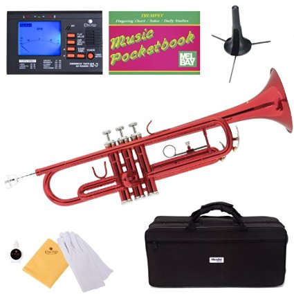 Mendini MTT-RL Red Lacquer Brass Bb Trumpet   Tuner, Case, Stand, Mouthpiece, Pocketbook & More