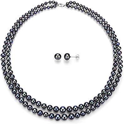 Sterling Silver Graduated 4-8.5mm 2-rows Freshwater Cultured Pearl Necklace 18" and Stud Earrings Set Valentines Gifts for Women (Choice of Pearl Color)