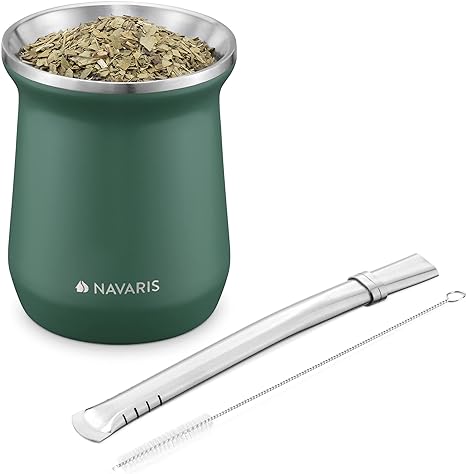 Navaris Mate con bombilla - Kit de 1x vaso de acero inoxidable 300 ML para preparar infusión de yerba mate 1x pajita 1x cepillo de limpieza - Verde