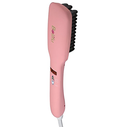 Belifu 2-in-1 Ionic Hair Straightener Brush PTC Heating LED Display 5 Heat Settings for Different Hair Types Instant Silky Straight Hair Anti Scald Teeth with 1 Glove and 1 Hair Clips (Pink)
