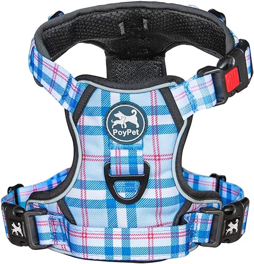 PoyPet No Pull Dog Harness, [Release at Neck] Reflective Adjustable No Choke Pet Vest with Front & Back 2 Leash Attachments(Checkered Blue,XS)