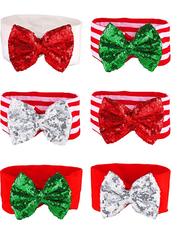 Tatuo 6 Pieces Christmas Glitter Bows Baby Girl Headbands Sequin Head Wraps Hair Accessories for Toddlers Infants Newborns