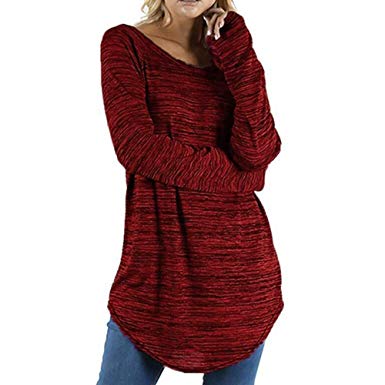 Women Plus Size Solid Color Pullover Tops RounLong Sleeve Blouse Shirt
